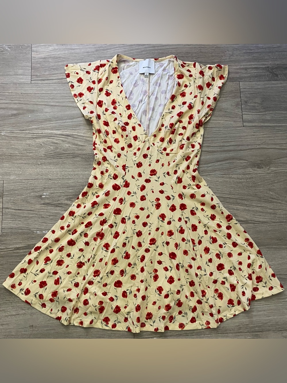 Reformation Olivia Light Yellow Mini Dress with Red Rose Print